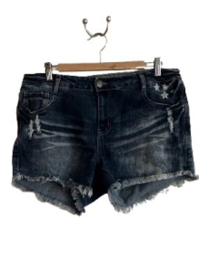 Women's Vanilla Sky Dark Blue Distressed Denim Shorts with Frayed Hem